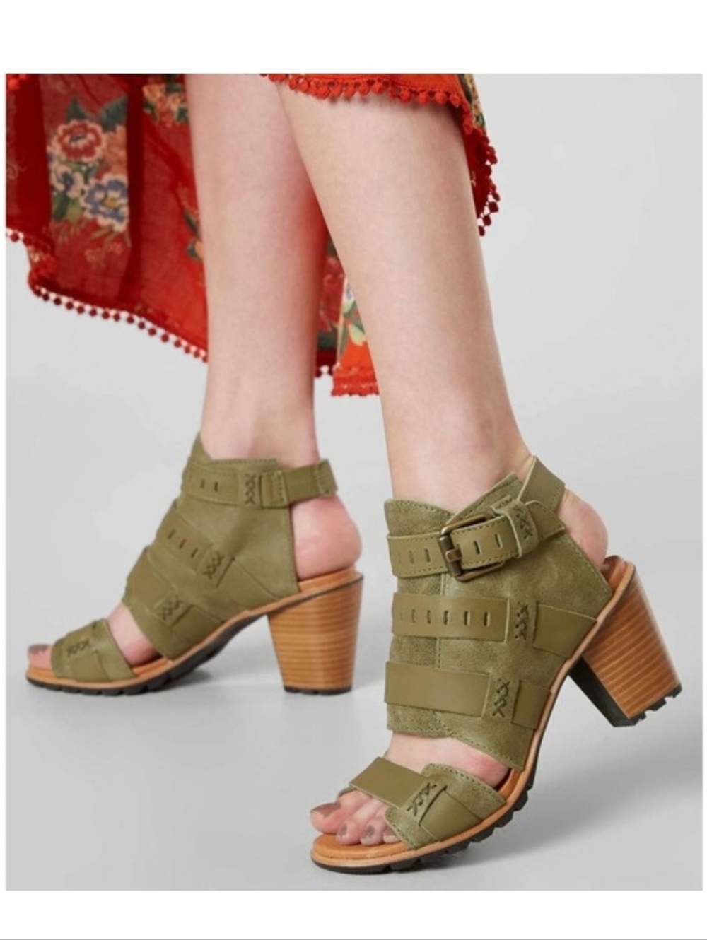Sorel Nadia Buckle II Open Toe Wedged Sandle Boot Womens Size 6.5 Sage G…